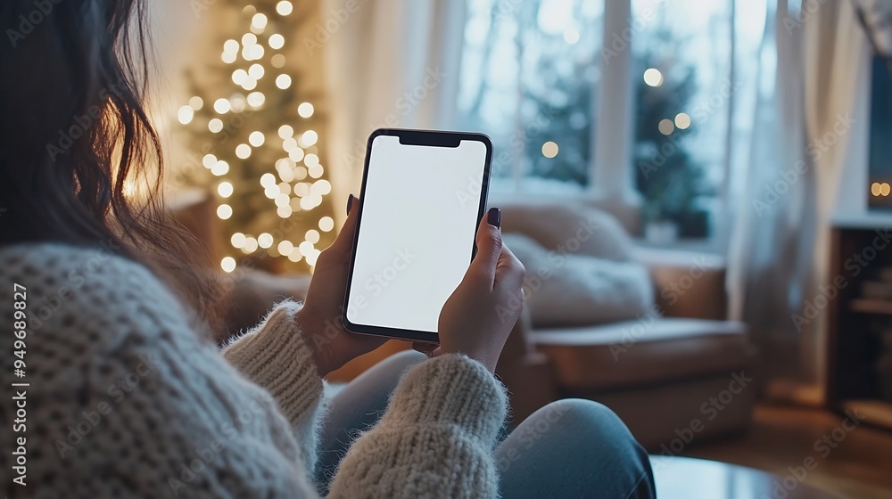 Poster mockup image of a woman holding and using mobile phone with blank desktop white screen at home : gen