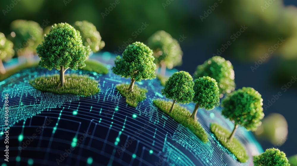 Poster digital representation of a globe with miniature trees and grass, symbolizing environmental awarenes