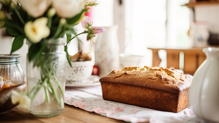 Banana bread in English country cottage, home decor and flowers, baking food and easy gluten-free recipe idea for menu, food blog and cookbook inspiration