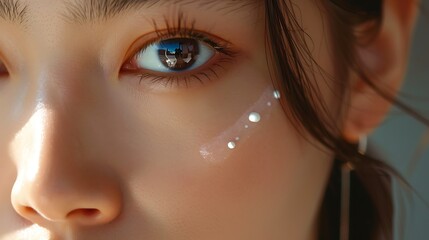 A close-up of an Asian model applying eye cream with gentle pats, highlighting the delicate under-eye area, soft natural light, clean and simple background, hd quality, beauty and skincare focus.