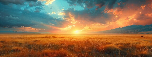 Obraz premium Patagonian Steppe A vast, windswept grassland under a dramatic sky, with distant mountains and guanaco grazing.