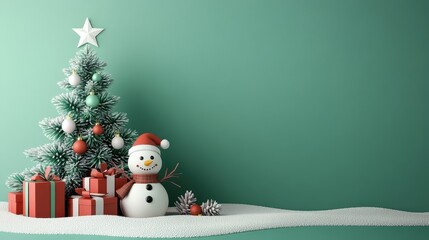 Fototapeta premium Festive Paper Craft Christmas Scene with Snowman, Presents, and Green Background for Greeting Card Design