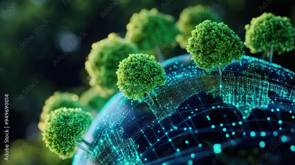 Poster digital globe with abstract trees representing environmental sustainability and data-driven technolo