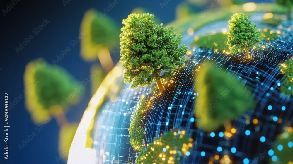 Poster conceptual representation of a digital globe with glowing trees symbolizing environmental conservati