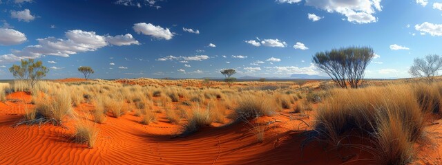 Red Earth and Spinifex A vast expanse of red sand dotted with tough spinifex grass under a scorching sun.