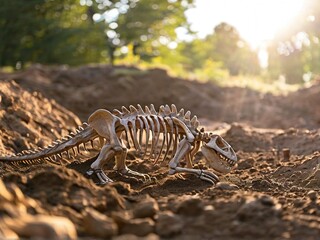 A dinosaur skeleton unearthed in a dirt mound with sunlight streaming through the trees in the background.