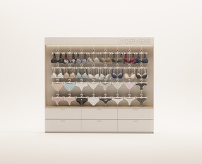 Women's underwear, bikini, lingerie store on white and beige background. 3D rendering.