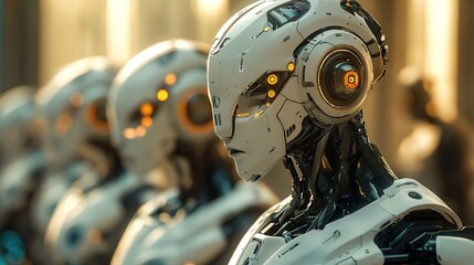 Fototapeta premium High-tech robot with illuminated eyes and helmet for modern design imagery