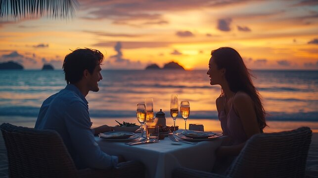 Romantic dinner on the beach in Phuket Thailand couple man and woman mid age Asian woman and European man having dinner on the beach in Thailand during sunset : Generative AI