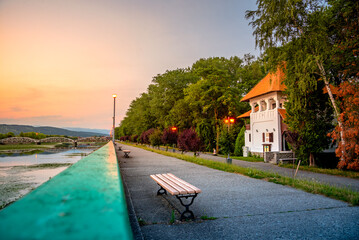 Cityscape of Targu Jiu at sunset, Romania.