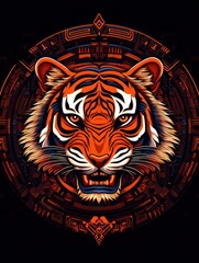 Obraz premium A vibrant illustration of a tiger's head with intricate patterns and bold colors.
