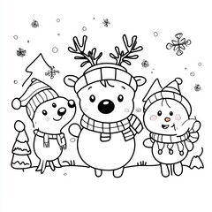 Fototapeta premium Cute Christmas Reindeer Snowman and Mouse Coloring Page Illustration