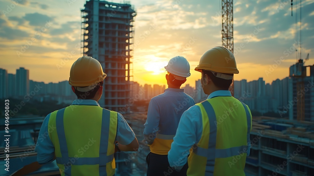 Poster a team of construction engineers talks to managers and construction workers at the construction site