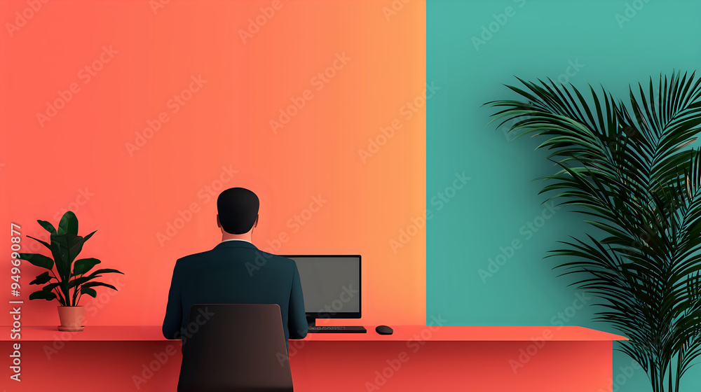 Poster man at computer desk.