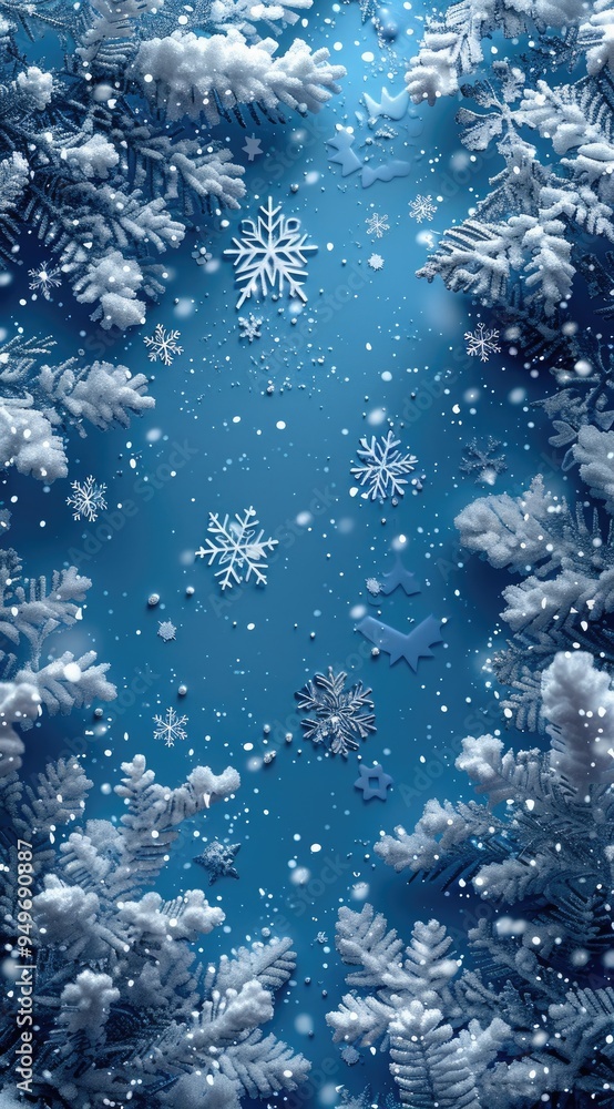 Fototapete Light blue background with snowflakes and white borders of various sizes and shapes on the edges