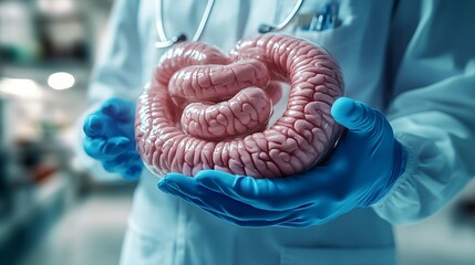 Doctor with human Colon anatomy model Colonic disease Large Intestine Colorectal cancer Ulcerative colitis Diverticulitis Irritable bowel syndrome Digestive system and Health concept : Generative AI