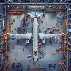 Aerial view of an airplane under construction in a factory.