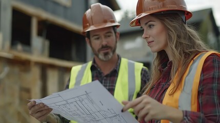 Male and female construction professionals in safety vests analyze blueprints at a job site strategizing and preparing for the project ahead : Generative AI