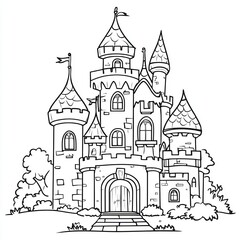 Black and White Illustration of a Medieval Castle with Towers and a Gate