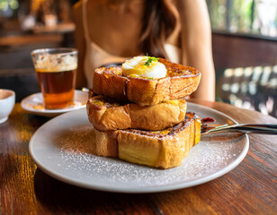 French toast, hong kong style, in a old hong kong style restaurant, with a girl in the back