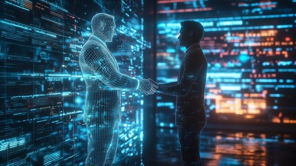 High resolution congratulatory handshake images. The overall scene is a futuristic, colorful wireframe digital art. With a dark cyberpunk beauty style. Use only neon blue and black.