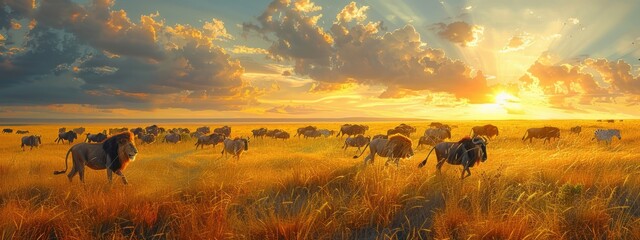 Serengeti Plains A vast grassland teeming with wildlife, including lions, zebras, and wildebeest.