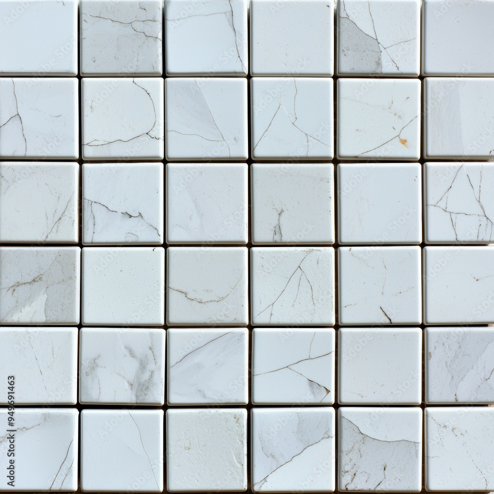Poster close-up of white marble tiles with visible veins in a grid arrangement showing detailed texture