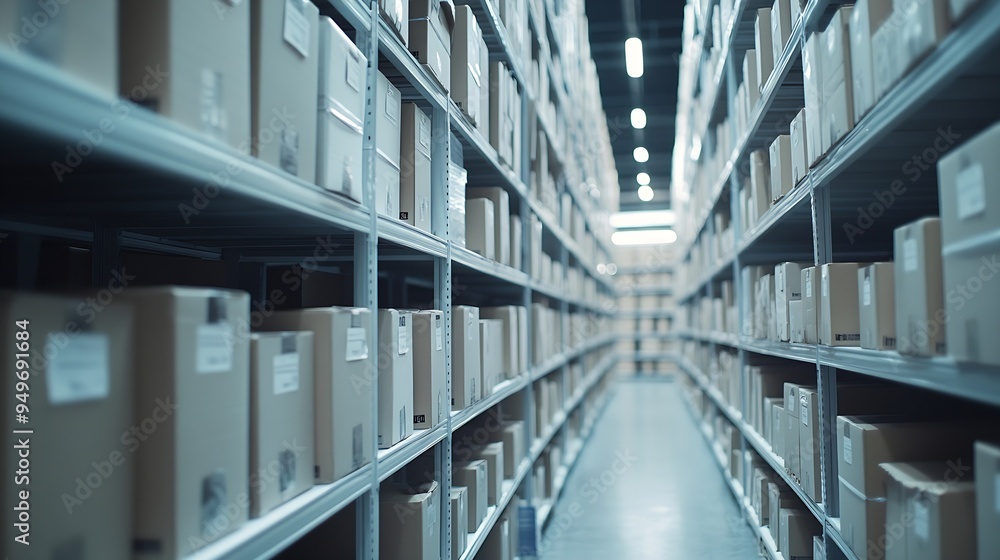 Aufkleber rows of shelves with boxes in the factory warehouse a perfectly white clean warehouse smooth boxes s