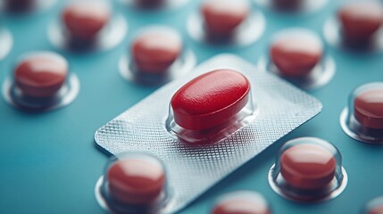 Vertical of red pills in blister pack and one pill out on blue background with copy space Medical services medicine healthcare and health awareness concept : Generative AI