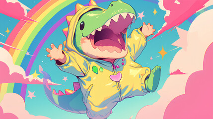 cute crocodile character wearing anime onesie costume, anime style, cute kawaii, simple, smiling happy, neon psychedelic background