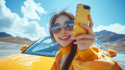 Beautiful Asian Chinese girl in sunglasses next to fancy yellow sport car makes selfie with phone in shiny jewels case in mountains Bright day clear sky fluffy clouds Luxury travel aro : Generative AI