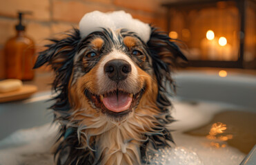 Happy dog enjoying a bubble bath in a cozy indoor setting. A cheerful dog bathes in soapy water, surrounded by warm lighting and a relaxed atmosphere, enjoying its time pampered.