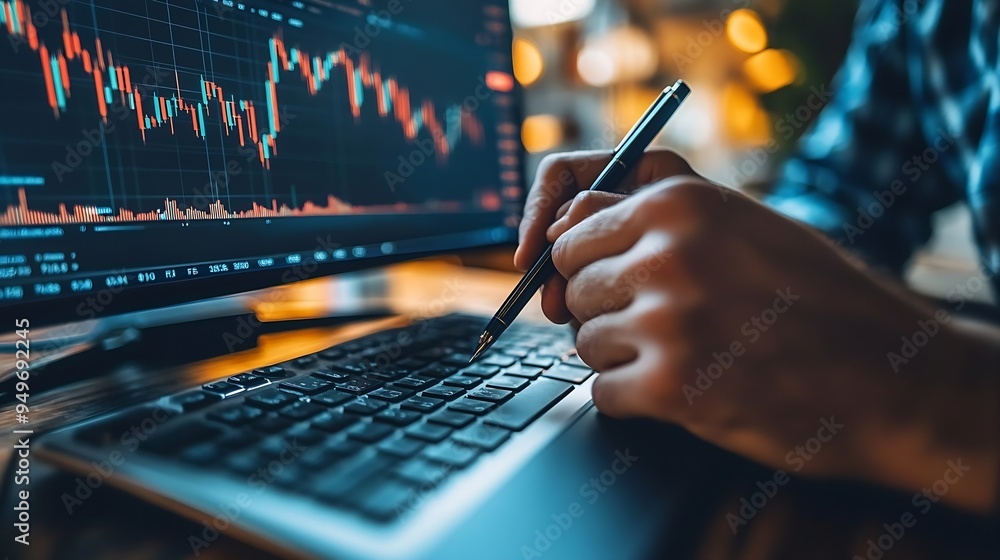 Aufkleber Self employed broker investor in home office checking stock exchange profit calculating using pen and paper Freelancer in apartment looking at market shares growth writing on notepad c : Generative AI