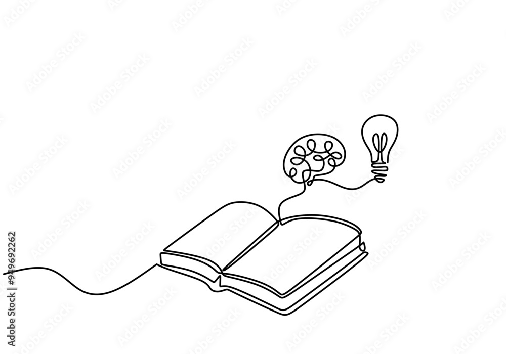 Wall mural minimalist vector art of book light bulb and brain in continuous line drawing