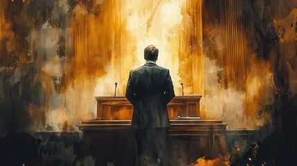 A man stands before wooden podium in dramatic courtroom setting, evoking sense of tension and anticipation.