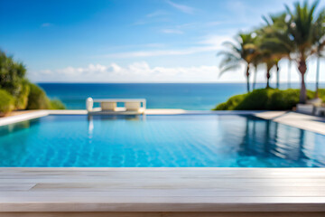 Empty top table blur and defocused swimming pool and sea background