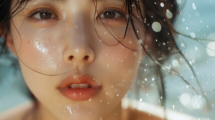 A close-up of an Asian model using a facial mist, tiny droplets visible on her radiant skin, soft natural light, clean and simple background, hd quality, focusing on hydration and refreshment.
