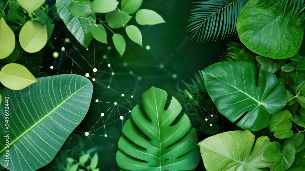 Poster lush arrangement of various green leaves with a blurred background of foliage and subtle geometric p