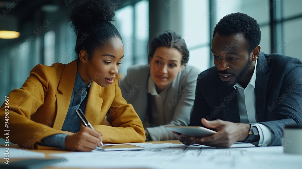 Poster Diverse group of civil engineer and client working together on architectural project reviewing construction plan and building blueprint using tablet at meeting table Prudent : Generative AI