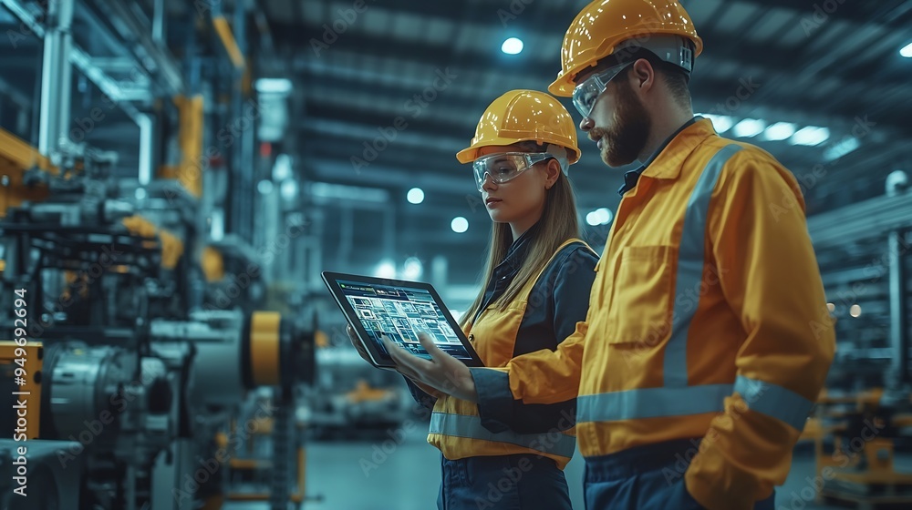 Fototapete Industry 40 Modern Factory Two Engineers in Empty Warehouse Use Digital Tablet Computer with Augmented Reality Software For a Room Mapping Doing 3D Factory Floor Layout High Angle Shot : Generative AI