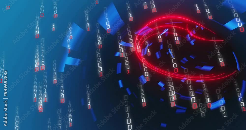 Poster binary code and red circular shapes animation over blue and black background