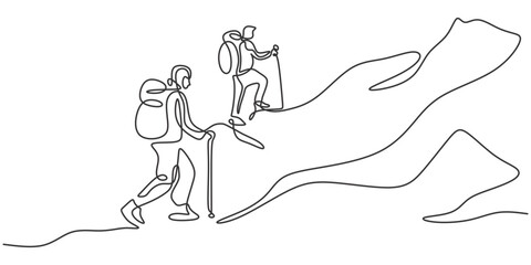Minimalist Hand-Drawn Vector of Two Hikers Climbing a Mountain with Sticks