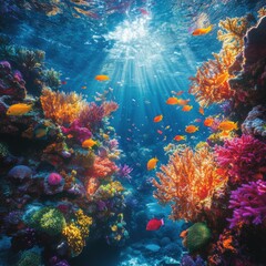 A vibrant coral reef teeming with colorful fish and exotic marine life.