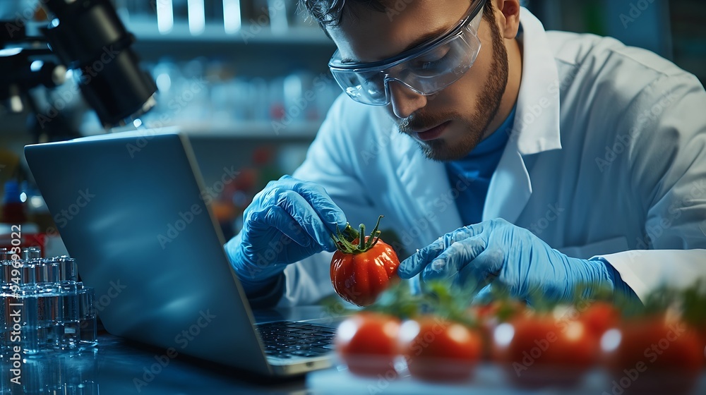 Aufkleber male scientist working on a laptop computer and picking up a halfcut labgrown tomato in a dish micro