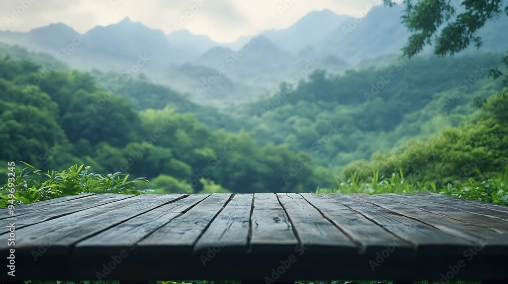 Poster empty square platform and green mountain with forest landscape in hangzhou china : generative ai