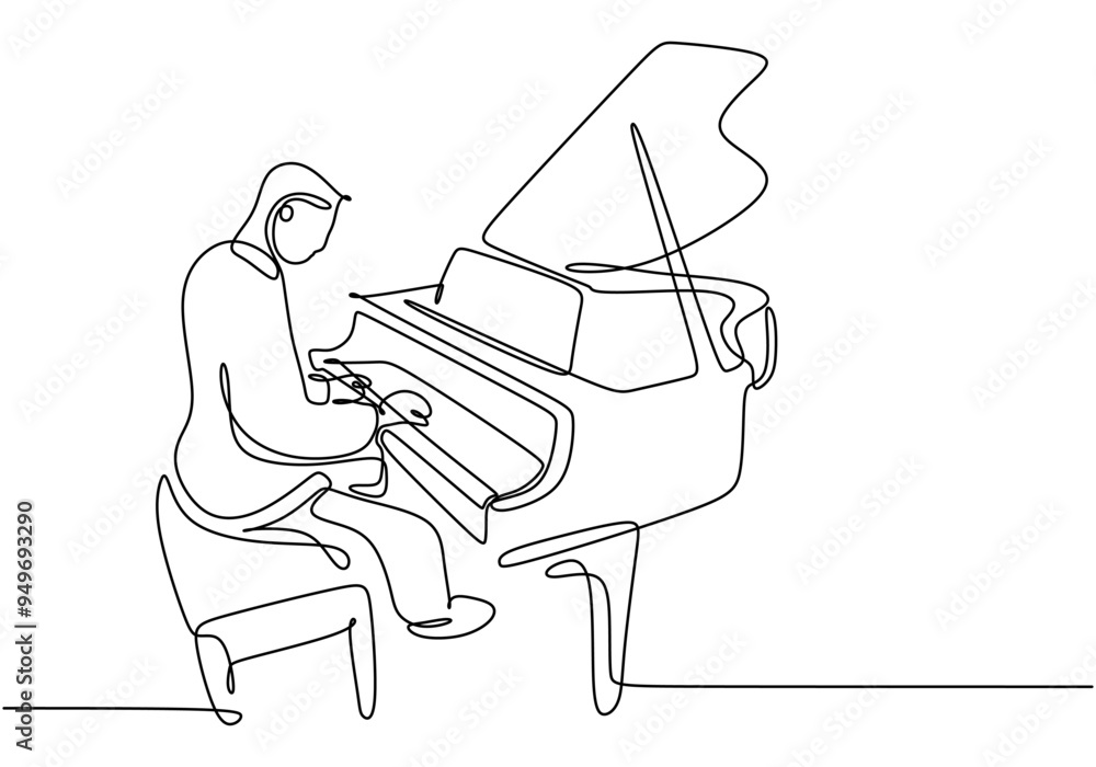 Wall mural minimalist continuous line art of a man playing piano. one line art style.