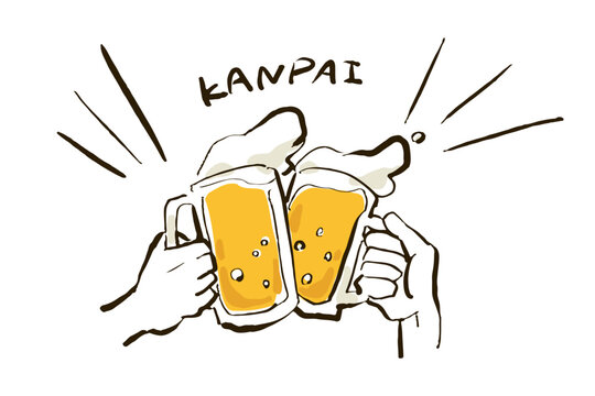 ビールの乾杯イラスト(KANPAI、カラー01)
