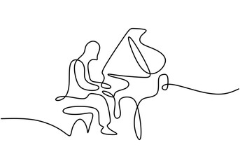 Minimalist single line art of a man playing piano highlighting the instrument's elegance