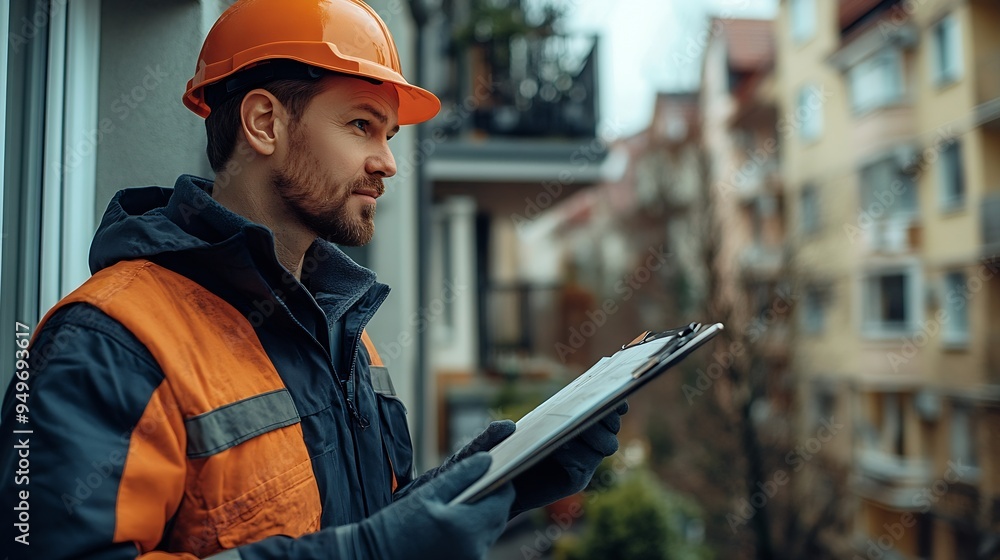Poster home inspection consultancy inspector checking material of balcony and looking for fracture : genera
