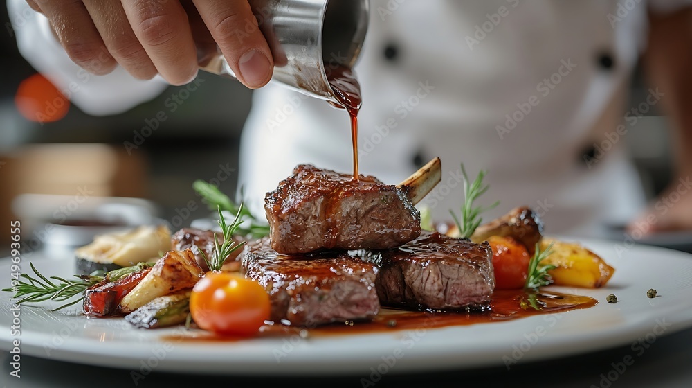 Poster chef pouring sauce on lamb chops with various vegetables at a fine dining restaurant : generative ai